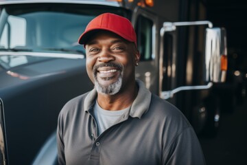 Wall Mural - Smiling portrait of a middle aged male truck driver in front of truck