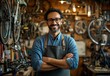 © ASGraphicsB24 - Portrait of confident mature man in apron standing with arms crossed in bicycle repair shop