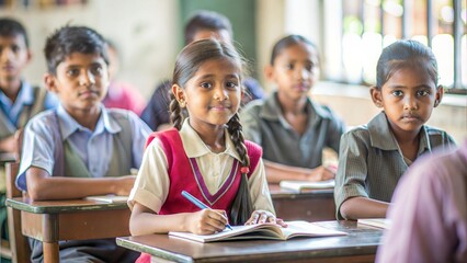 Indian students attending classes in a rural classroom setting, highlighting educational efforts in rural areas.