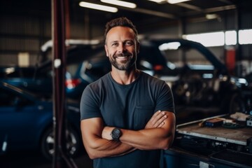 Wall Mural - Portrait of a middle aged male car mechanic in workshop