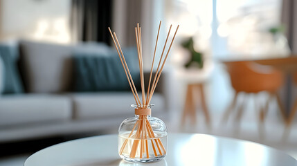 Poster - Handmade reed freshener on white table in living room, close up.