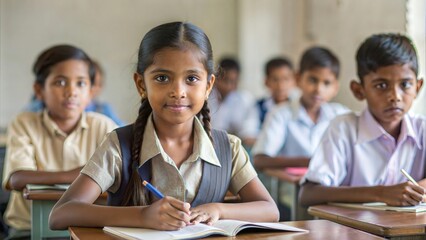 Indian students attending classes in a rural classroom setting, highlighting educational efforts in rural areas.