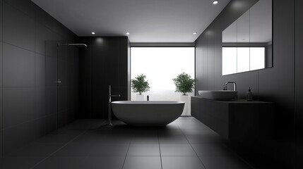 Wall Mural - A sleek and modern bathroom in black with minimalist design. The 3D rendering highlights the clean lines and simple shapes. 