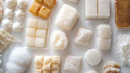 A tempting close-up of Thai desserts such as sweet rice cakes and coconut milk treats, arranged artfully on a white background to highlight their textures