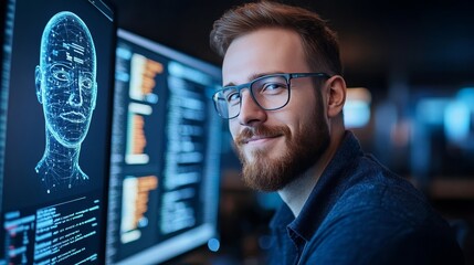 Programmer Smiling, Working on Facial Recognition Software with 3D Model and Code on Screens.