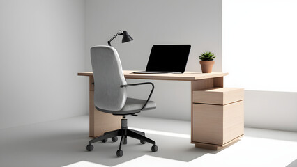 A minimalist office desk with a computer and books on top,