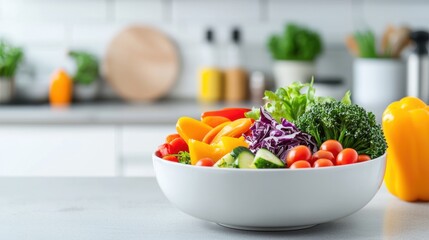 Fresh and Colorful Vegetable Salad in a White Bowl on a Modern Kitchen Counter