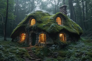 enchanted woodland cottage mosscovered stone walls thatched roof nestled among ancient trees soft magical glow emanating from windows fairytale atmosphere