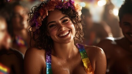 A cheerful woman, adorned with a colorful flower garland, beams joyfully amidst a lively festival gathering, radiating happiness and festivity.