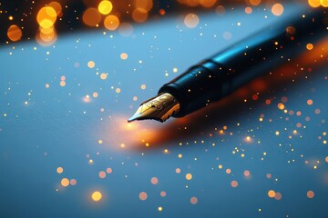 ethereal business concept glowing pen hovering over pristine white notepaper radiating ideas in luminous tendrils soft focus background with shimmering particles of inspiration