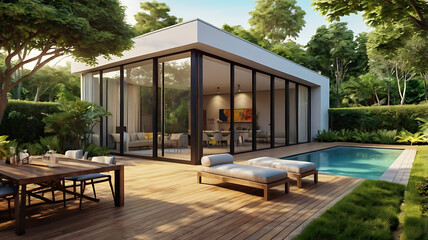 Modern contemporary house with wood deck terrace, minimalist outdoor furniture, and floor-to-ceiling glass windows, surrounded by lush landscaping and a luxurious, serene garden design
