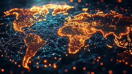 Wall Mural - a world map illuminated by digital lines and glowing lights, showcasing a connected future.