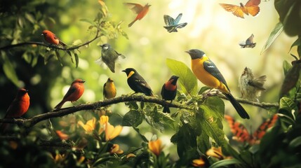 Wall Mural - Birds in a Lush Tropical Paradise