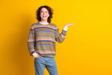 Sticker - Photo of positive guy with wavy hairdo dressed ornament sweater palm demonstrate product empty space isolated on yellow color background