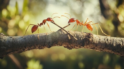 two ants facing off on a branch, a close-up of nature's tiny warriors