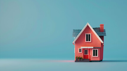 Miniature model of a toy doll house isolated on a flat blue background with copy space. Minimalist dollhouse banner template, creative house building idea. Generative AI illustration