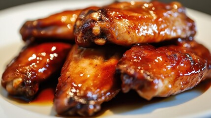 Close-up of Crispy, Glazed Chicken Wings on a White Plate