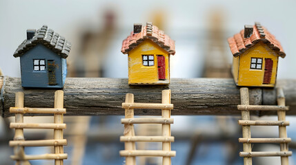 Model Houses On Rungs Of Wooden Property Ladder