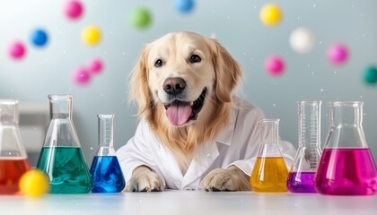 Wall Mural - golden retriever in a lab coat surrounded by colorful science beakers, conducting experiments in a p