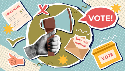 Vote collage in pop art style. Election campaign. Vote banner. Voting concept. Democracy vote.