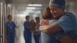 © T-REX - Doctor in Scrubs Receiving a Heartfelt Hug in Hospital Corridor