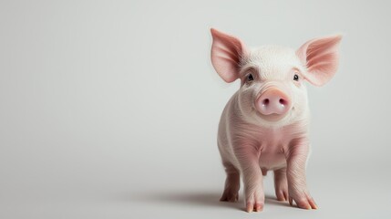 Playful piglet standing with its pink snout raised, isolated on a white background.