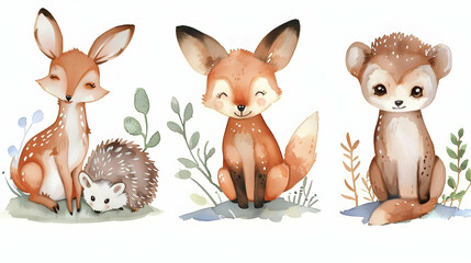 Cute baby fox, deer animal nursery rabbit and bear isolated illustration for children.