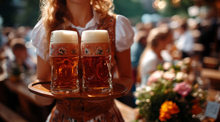 Wall Mural - Woman with glasses of beer on a tray against a background of people with space for text, created with Generative AI technology