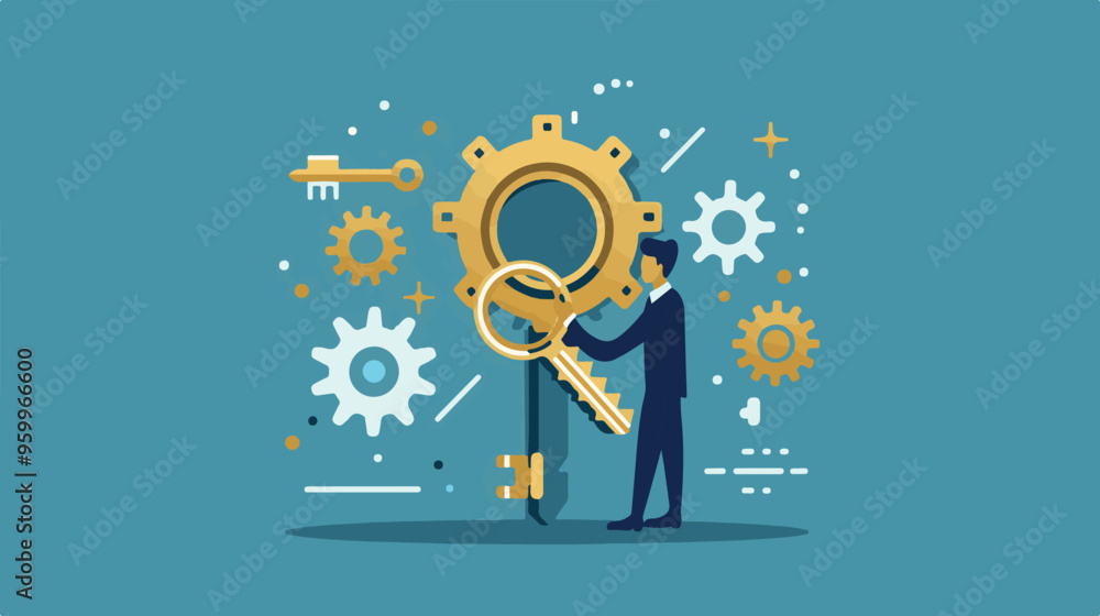 Flat vector key solution for running business projects, strategy or way ...