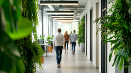 Poster - Modern Office Corridor with Lush Greenery and Blurred People