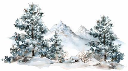 Wall Mural - Fir new year Christmas tree set and mountain, landscape. isolated spruces on a light background. Watercolor painting.