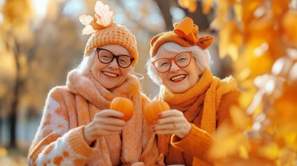 Two elderly women in autumn attire enjoying a vibrant fall setting. Scenic outdoor autumn landscape.