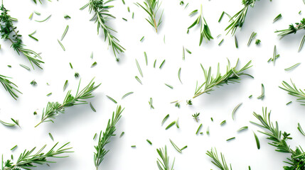 Wall Mural - Culinary seasoning. Food background. A natural organic product. Close-up of green herbs and rosemary leaves on a white background. Greenery is scattered all over the background