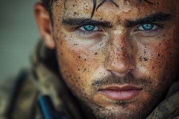 gritty closeup of determined soldier in combat gear intense expression dusty battlefield atmosphere desaturated color palette