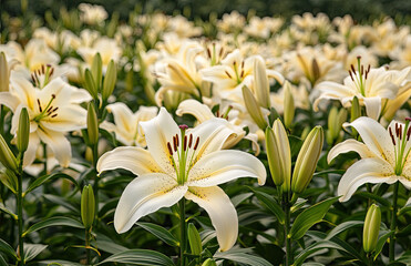 A large field of lilies in full bloom, showcasing the diversity and beauty of these elegant flowers Created with Ai