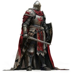 full body of knight wearing iron armor on a white background