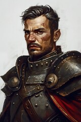 portrait of a city guard, wearing iron armor, helmet and red cloak