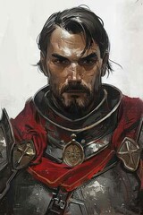 Wall Mural - portrait of a city guard, wearing iron armor, helmet and red cloak