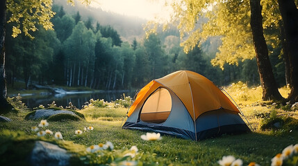 Poster - Camp tent on green grass forest with beautiful flower on view nature.