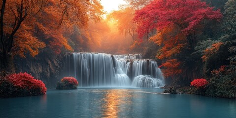 Sticker - Serene Waterfall Cascading Through Vibrant Autumn Forest