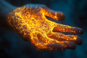 Human hand, glowing veins, cells, vibrant energy, vitamins, close-up, intricate details, skin, luminous glow, life-giving nutrients, health