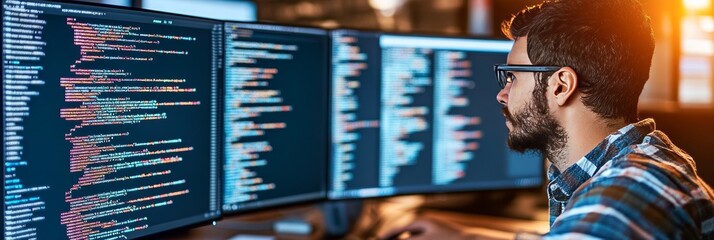 Focused Software Developer Working with Code on Multiple Computer Screens in Dark Office.,