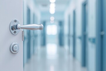 A close-up of a door handle with a blurred corridor in the background, symbolizing access and entry in a modern setting.