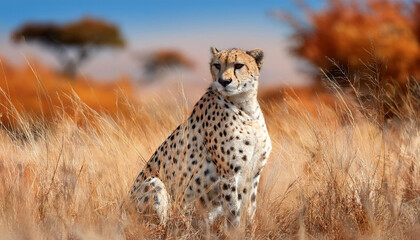 Wall Mural - A cheetah sits in tall, golden grass, its body partially obscured by leaves, against the softly focused backdrop of the African plains.