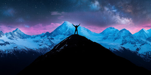 Milky Way above snowy mountains. Space. Fantastic view with snow covered rocks and starry sky at night.	