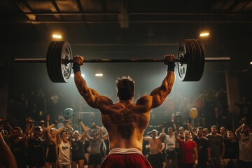 Weightlifter, barbell overhead, crowd cheering in the background, strength showcase