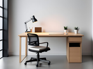 Wall Mural - A minimalist office desk with a computer and books on top,