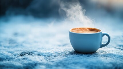 Wall Mural - A cup of hot coffee steaming in a below zero environment, contrasting warmth and cold.