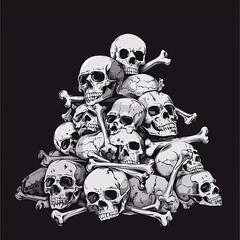 Sticker - Pile of Skulls and Bones, On Black Background, scary crime concept, silent lifestyle. vector illustration