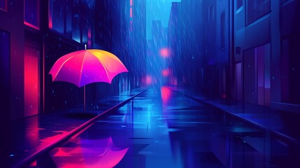 Wall Mural - A Single Umbrella Stands in a Neon-Lit Rainy City Alley